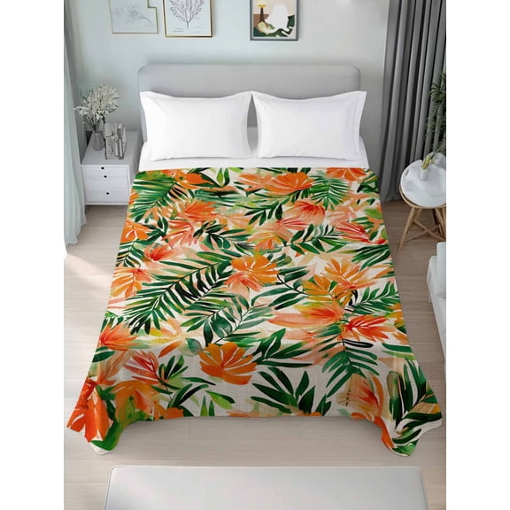 Orange Green Palm Leaves Queen Size Flat Sheet, Wrinkleproof & Fadeproof Cooling Flat Bed Sheet Only, Summer Tropical Floral Breathable Soft Bedding Top Sheets 90 x 102 Inches