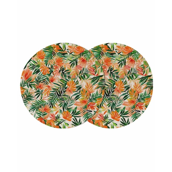 Orange Green Palm Leaves Round 13 Inch Placemats Set of 2, Summer Tropical Floral HeatResistant Non Slip Place Mats for Dining Table, Wipeable Braided Kitchen Table Mats for Housewarming