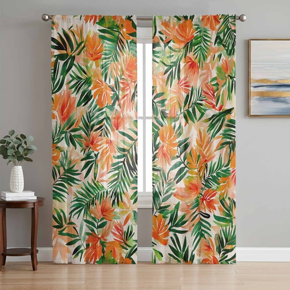 Orange Green Palm Leaves Semi Sheer Curtains 63 Inch Length 2 Panels Set, Summer Tropical Floral Sheer Kitchen Curtain Privacy Voile Window Curtain for Living Room Bedroom Rod Pocket Drapes