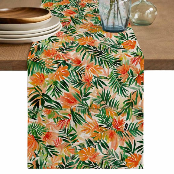 Orange Green Palm Leaves Short Table Runner 36 Inches Long,Summer Tropical Floral Cotton Linen Table Runners Dresser Scarves,Fabric Tabletop Scarf Furniture Cover for Home Dinner Party Decor 13"x36"