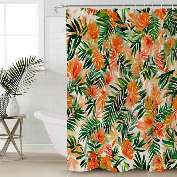 Orange Green Palm Leaves Shower Curtain Set, Waterproof Shower Curtains for Bathroom, Summer Tropical Floral Washable Fabric Cloth Bath Curtain for Bathtub Decoration with Hooks 48x72 Inches