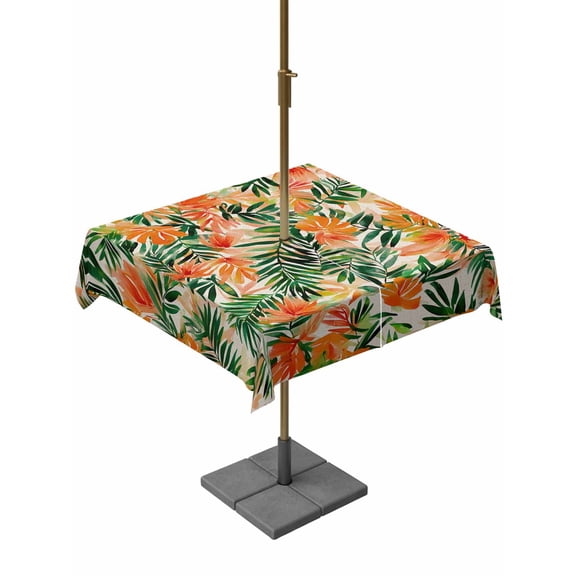 Orange Green Palm Leaves Table Cloth Rectangle Outdoor Tablecloth, Summer Tropical Floral Waterproof Wrinkleproof Table Cover with Umbrella Hole and Zipper for Party/Dining/Patio/Wedding 54x54 Inch