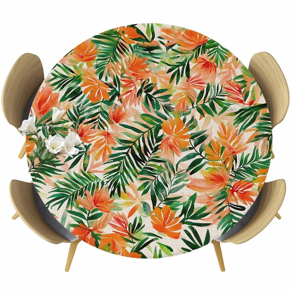 Orange Green Palm Leaves Table Cloth, Round Fitted Tablecloths with Elastic Edge, Summer Tropical Floral Wipeable Waterproof Table Cover for Kitchen Wedding 55-60 Inches