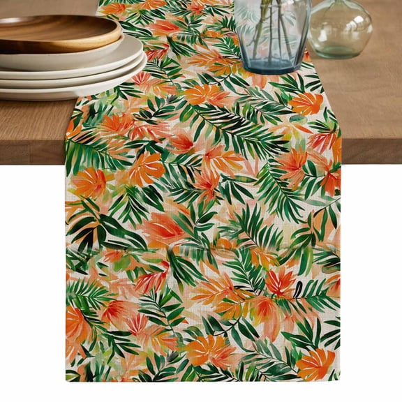 Orange Green Palm Leaves Table Runner, Summer Tropical Floral Washable Cotton Linen Table Runners 36 Inches Long, Dresser Scarf Runner for Nightstand/End Tables/Round Tables 13''x36''