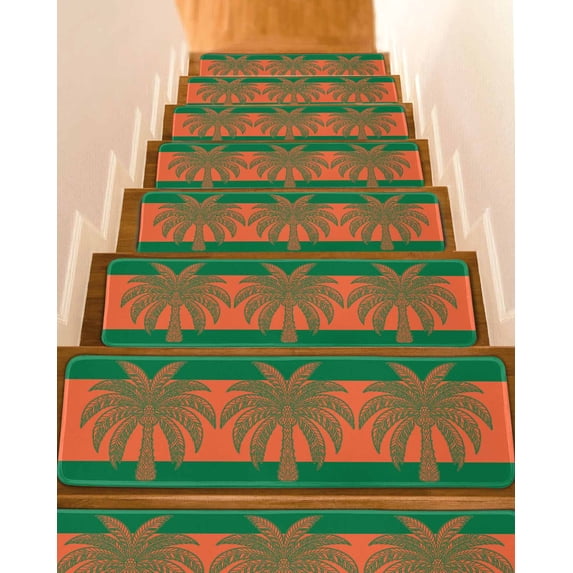 Orange Green Palm Tree Stair Treads Non Slip Indoor for Wooden Steps, Summer Beach Coastal Modern Art 10 Pcs Stair Mats for Elders Dogs, 8 x 30 Inch Carpet Treads Runner Rugs for Staircase