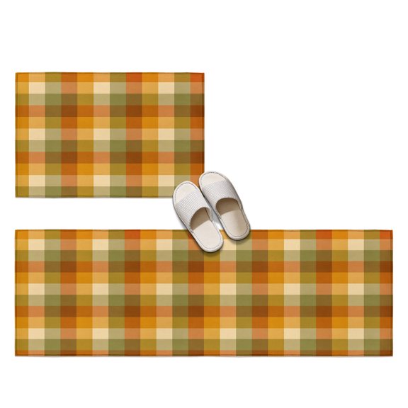 Orange Green Plaid 2 Pieces Non-Slip Kitchen Mat Set, Rustic Warm Palette Pumpkin Pastel Plaid Soft Door Mat with Rubber Backing, Dirtproof Rugs for Entrance Doorway, 23.6x35.4in+23.6x70.9in