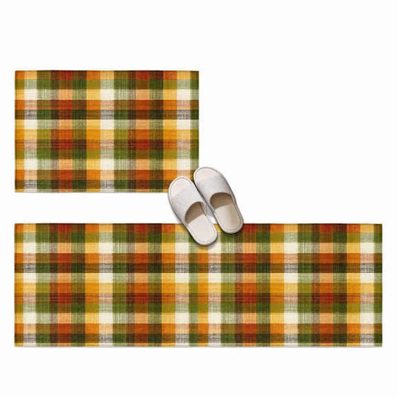 Orange Green Plaid 2 Pieces Non-Slip Kitchen Mat Set, Rustic Warm Palette Tan Gingham Plaid Farmhouse Soft Door Mat with Rubber Backing, Dirtproof Rugs for Entrance Doorway, 23.6x35.4in+23.6x70.9in