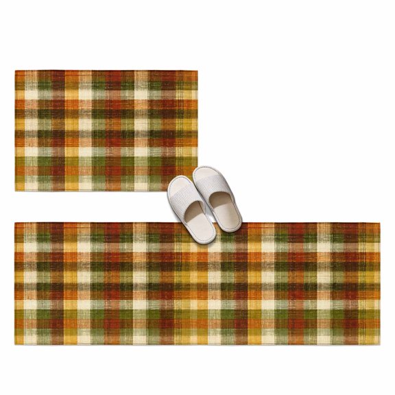 Orange Green Plaid 2 Pieces Non-Slip Kitchen Mat Set, Rustic Warm Palette Terracotta Sage Gingham Plaid Soft Door Mat with Rubber Backing, Dirtproof Rugs for Entrance Doorway, 19.7x31.5in+19.7x47.2in