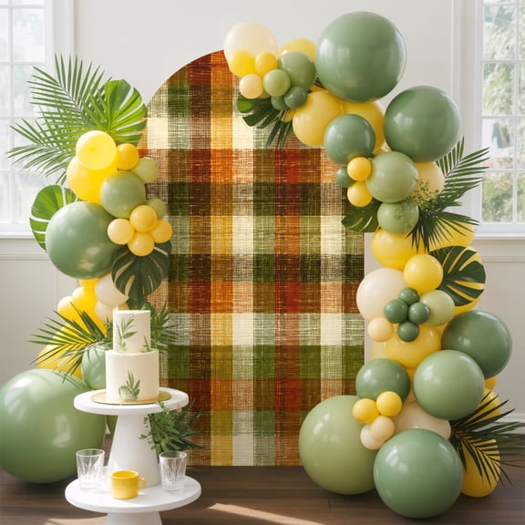Orange Green Plaid Arch Backdrop Cover, 4FT, Rustic Warm Palette Terracotta Sage Gingham Plaid Spandex Arch Covers Double-Sided Backdrop for Wedding Birthday Party Photo Background Decoration