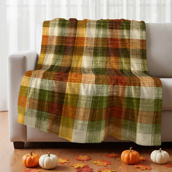Orange Green Plaid Fleece Throw Blanket Rustic Warm Palette Terracotta Sage Gingham Plaid Ultra Soft Fuzzy Cozy Flannel Throw Blanket for Couch Sofa Bed Car Travel, Ideal Gifts 30x40 Inches