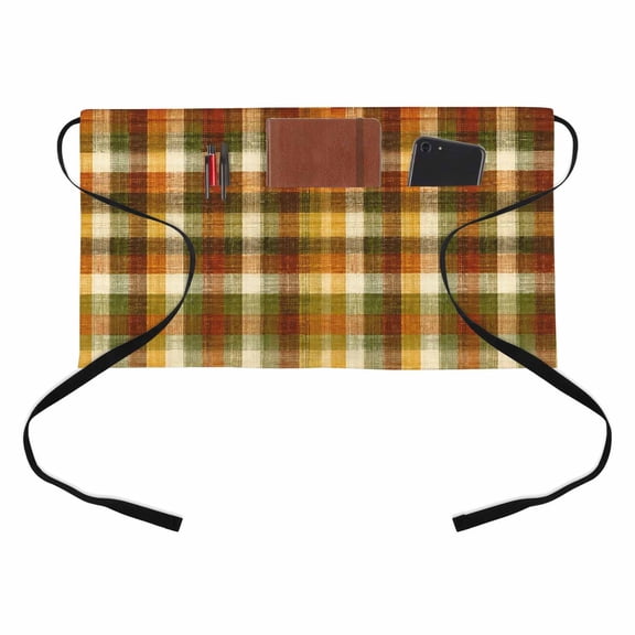 Orange Green Plaid Kitchen Restaurant Half Waist Apron, Rustic Warm Palette Terracotta Sage Gingham Plaid Server Short Apron with 3 Pockets Waterproof Oil Waist Aprons for Women Waitress Waiter