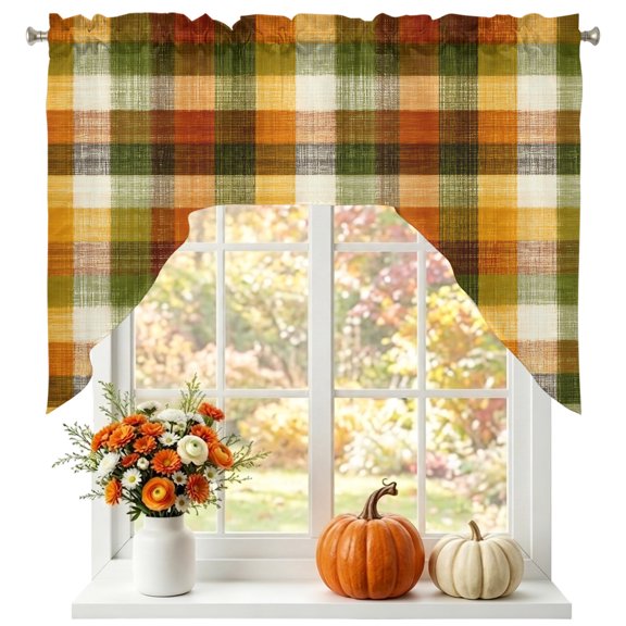 Orange Green Plaid Swag Valances for Windows 56 x 36 Inch, Rustic Warm Palette Tan Gingham Plaid Farmhouse Rod Pocket Light Filtering Window Topper for Kitchen Bathroom Bedroom Living Room