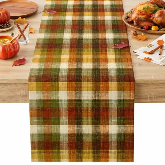 Orange Green Plaid Table Runner 13x72 Inch Rustic Warm Palette Terracotta Sage Gingham Plaid Table Runner Non-Slip Dresser Scarves for Holiday Decorations, Autumn Party, Dinner and Gatherings, 1 Pack
