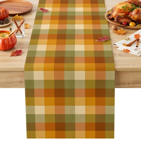 Orange Green Plaid Table Runner, Rustic Warm Palette Pumpkin Pastel Plaid Cotton Linen Kitchen Table Decoration Washable Dining Tabletop Runners for Home Party Decor 13x36 Inches