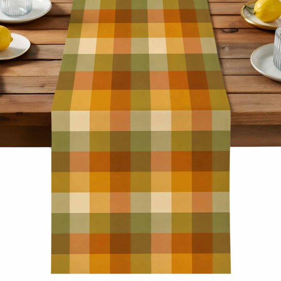 Orange Green Plaid Table Runner, Rustic Warm Palette Pumpkin Pastel Plaid Washable Kitchen Table Runners Dress Scarves for Dining Table Decorations Party/Restaurant/Indoor Outdoor Use, 13x36in