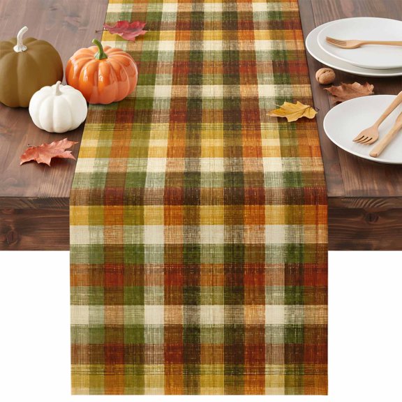 Orange Green Plaid Table Runner, Rustic Warm Palette Terracotta Sage Gingham Plaid Washable Cotton-linen Table Runners Dining Kitchen Decoration for Everyday Home Wedding Party Decor, 13 x 36 Inch