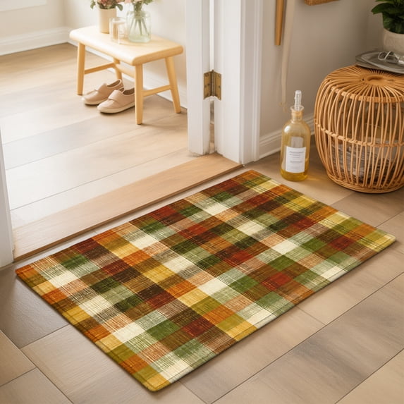 Orange Green Plaid Washable Small Entryway Area Rugs 2'x3', Rustic Warm Palette Terracotta Sage Gingham Plaid Washable Throw Rug Non-Slip Sturdy Edge Binding Carpet for Front Door Floor Room Entry
