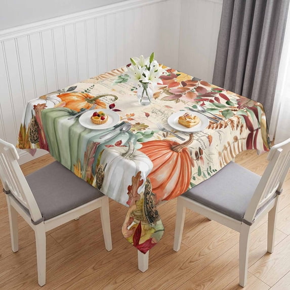 Orange Green Pumpkin Fall Table Cloth Waterproof Tablecloths, Thanksgiving Leaves Farmhouse Tablecloth Dining Table Cover for Kitchen Party Tabletop Outdoor, Square Tablecloth 54x54 Inch