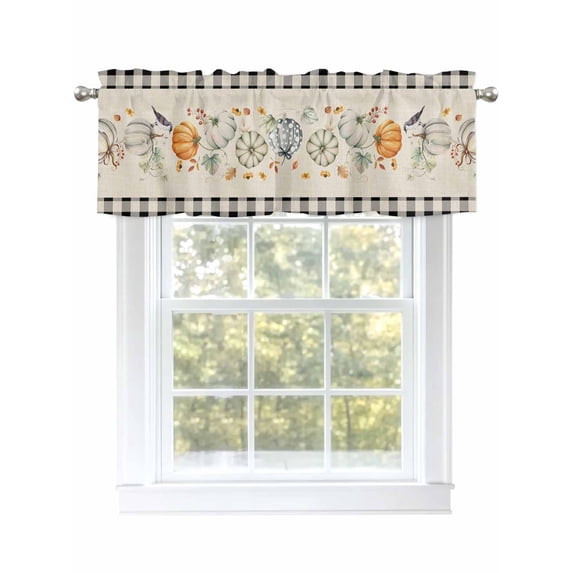 Orange Green Pumpkin Valances for Windows Linen Texture Thanksgiving Black Plaid Rod Pocket Curtains Valance Short Window Treatment Drapes for Living Room, Bedroom Bathroom 60" W x 14" L