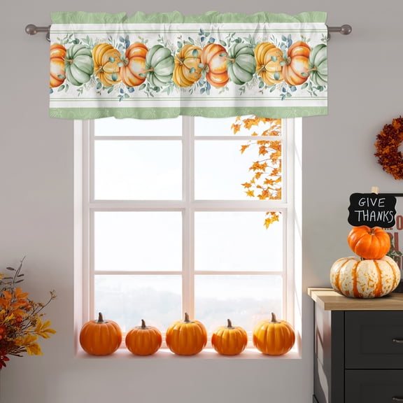 Orange Green Pumpkin Window Valance for Kitchen, Eucalyptus Leaves Fall Thanksgiving Rod Pocket Short Curtains for Bathroom Bedroom Small Window, Light Filtering Decorative Valances, 42 x 12 Inches