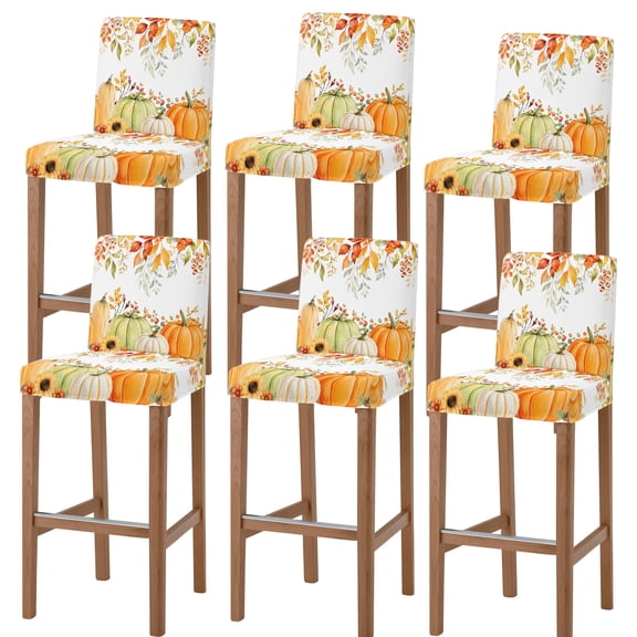 Orange Green Pumpkins Bar Stool Covers - Stretch Dining Chair Covers Set of 6, Fall Thanksgiving Maple Leaves Bar Chair Cover Removable Counter Stool Pub Chairs Slipcovers Protectors for Kitchen/Cafe