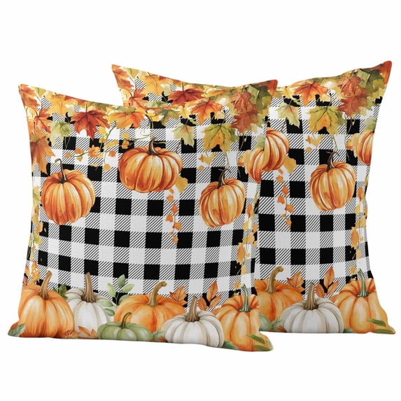 Orange Green Pumpkins Fall Outdoor Waterproof Pillow Covers, Thanksgiving Botanical Plaid Decorative Square Throw Pillowcase Sofa Cushion Sham for Patio/Couch/Chair, 24"x24" 2 Pack