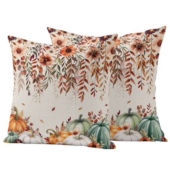 Orange Green Pumpkins Fall Outdoor Waterproof Pillow Covers, Thanksgiving Floral Botanical Rustic Decorative Square Throw Pillowcase Sofa Cushion Sham for Patio/Couch/Chair, 18"x18" 2 Pack