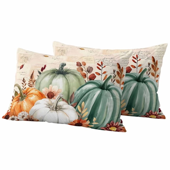 Orange Green Pumpkins Fall Outdoor Waterproof Pillow Covers, Thanksgiving Floral Botanical Vintage Decorative Rectangle Throw Pillowcase Sofa Cushion Sham for Patio/Couch/Chair, 20"x12" 2 Pack