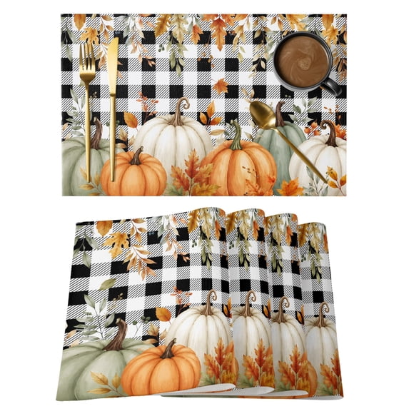 Orange Green Pumpkins Fall Placemats Set of 1 Thanksgiving Maple Leaf Plaid Place Mats Indoor Wipeable Table Mats Washable Cloth Dining Table Placemats for Kitchen Holiday Party Home Decor 13x19 Inch