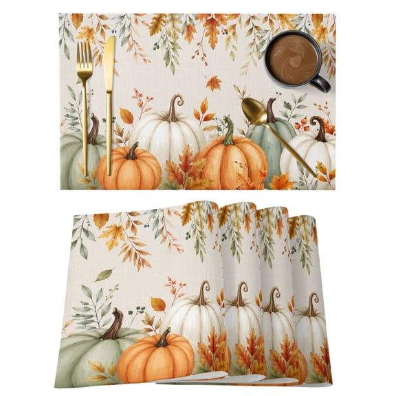Orange Green Pumpkins Fall Placemats Set of 6 Thanksgiving Maple Leaf Rustic Place Mats Indoor Wipeable Table Mats Washable Dining Table Placemats for Kitchen Holiday Party Home Decor 13x19 Inch