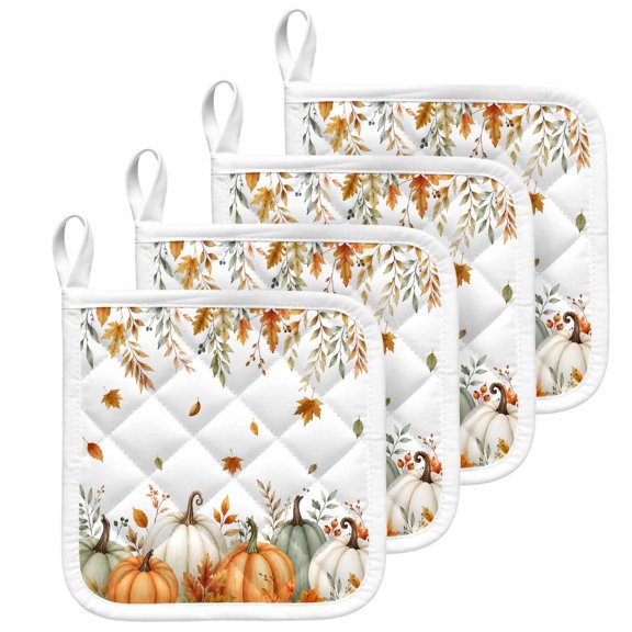Orange Green Pumpkins Fall Pot Holders for Kitchen Heatproof Potholder, 4 Pack Thanksgiving Maple Leaves Hot Pads Multipurpose Oven Pads Terry Cloth Potholders Trivet for Cooking and Baking