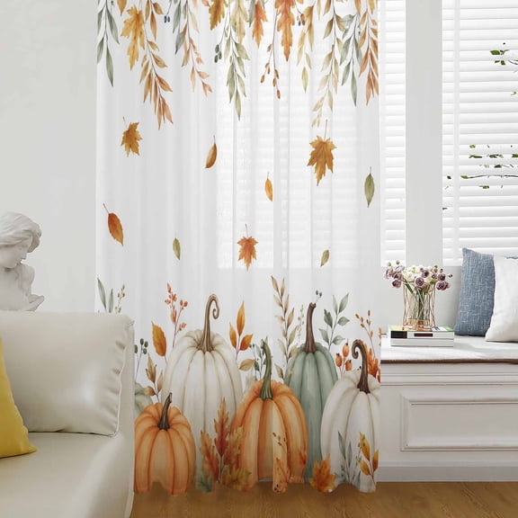 Orange Green Pumpkins Fall Sheer Curtains 63 Inch Length, Light Filtering Voile Curtain Panel, Thanksgiving Maple Leaves Rod Pocket Drapes Window Treatments for Living Room Bedroom 52"x63"