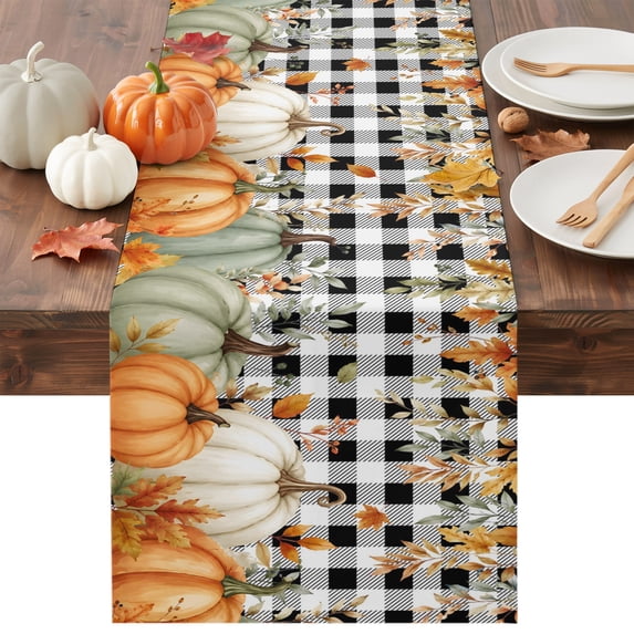 Orange Green Pumpkins Fall Table Runner - 72 Inch Long Thanksgiving Maple Leaf Plaid Cotton and Linen Blended Dress Scarves Farmhouse Table Runner for Kitchen Dining, Coffee Table, 13" x 72"