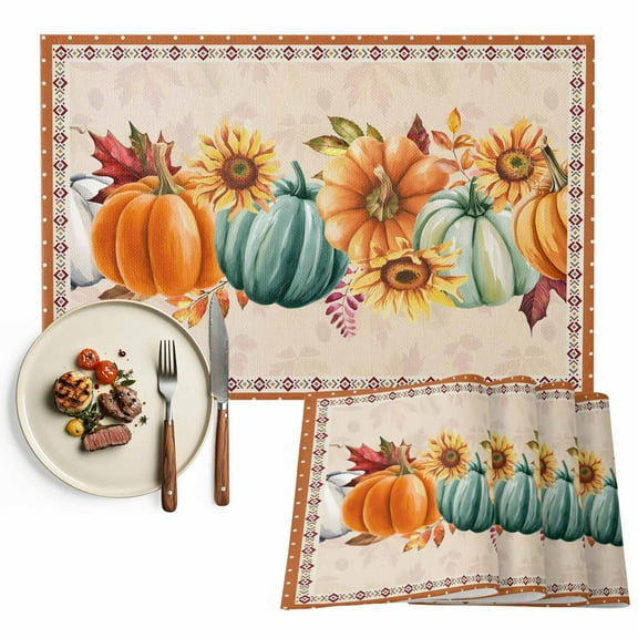 Orange Green Pumpkins Fall Thanksgiving Placemats Set of 6, Rustic Leaf Sunflower Table Mats Washable Heat-Insulation Non-Slip Place Mats for Kitchen Dinner Table Indoor Outdoor Decor,13x19 Inch