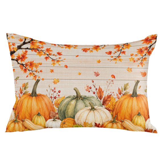 Orange Green Pumpkins Fall Throw Pillow 12x20 Inch, Thanksgiving Maple Leaf Tree Waterproof Outdoor Pillow Covers with Insert, Decorative Pillowcase Cushion for Couch, Sofa, Bed, Patio, Garden