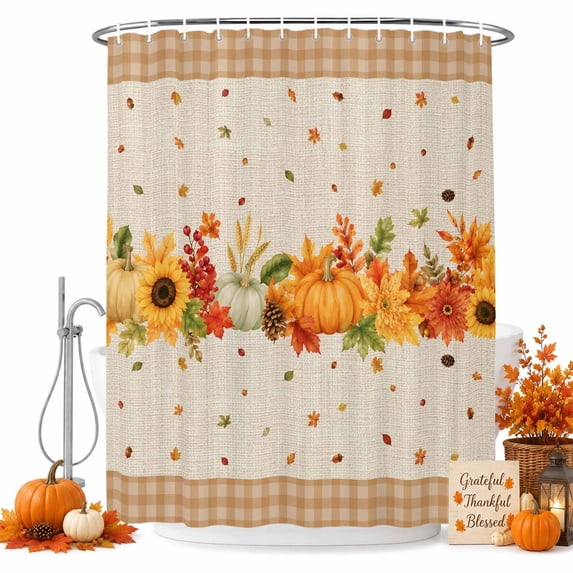 Orange Green Pumpkins Shower Curtain, Waterproof Shower Curtains for Bathroom, Fall Thanksgiving Maple Leaf Plaid Beige Washable Fabric Bathtub Curtain Set Bath Decor with 12 Hooks 48"x72"