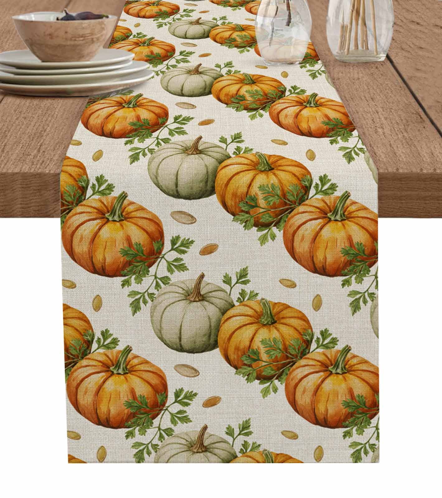 Orange Green Pumpkins Table Runner 72 Inches, Fall Botanical Leaves ...