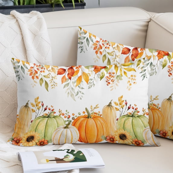 Orange Green Pumpkins Throw Pillow Cover, Pillowcase Protectors with Zipper, Breathable Decorative Lumbar Pillow Case Cover, Fall Thanksgiving Maple Leaves Pillow Shams for Couch Sofa 12x20Inch