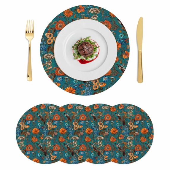 Orange Green Spring Floral Round 13 Inch Placemats Set of 4, Vintage Botanical Summer Flower HeatResistant Non Slip Place Mats for Dining Table, Wipeable Braided Kitchen Table Mats for Housewarming