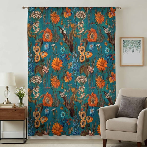 Orange Green Spring Floral Sheer Curtains 45 Inches Long, Vintage Botanical Summer Flower Light Filering Curtains, Breathable Simi Curtain Privacy Drapes for Kitchen Bathroom Small Window Treatment