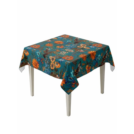 Orange Green Spring Floral Table Cloth, Waterproof Tablecloth for Square Tables, Vintage Botanical Summer Flower Reusable Washable Fabric Table Cover for Restaurant Kitchen Dining Tables 54"x54"