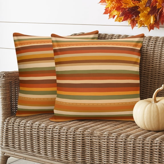 Orange Green Striped Outdoor Waterproof Throw Pillow Covers 16x16 Set of 2, Thanksgiving Autumn Fall Decorative Pillowcases Cushion Pillowcase for Couch Sofa Patio Outside Pillow Protector