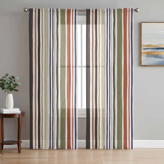 Orange Green Striped Sheer Curtains 63 Inches Long, Modern Vintage Stripes Farmhouse Light Filtering Window Curtains for Living Room, Rod Pocket Voile Sheer Curtain Drapes, 52"W x 63"L, 2 Panels