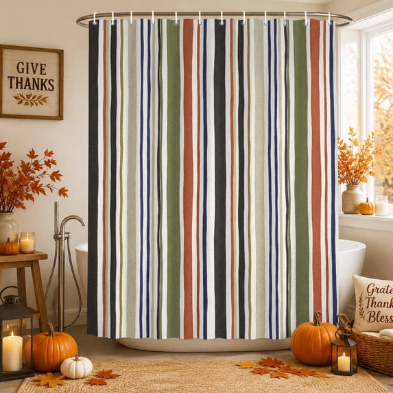 Orange Green Striped Shower Curtains for Bathroom, Modern Vintage Stripes Farmhouse Waterproof Fabric Shower Curtain, Decorative Bathroom Curtain for Bathtub, 72"x84", No Hooks Included