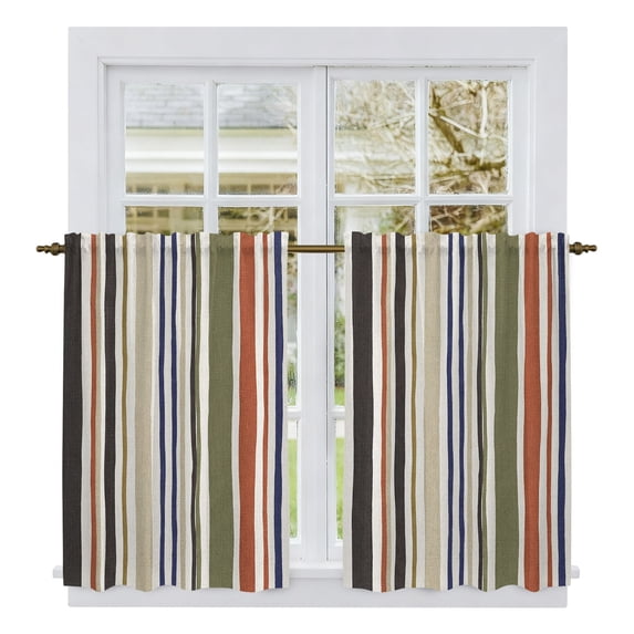 Orange Green Striped Tier Curtains 54 Inch Length, Modern Vintage Stripes Farmhouse Cafe Short Curtains for Bathroom Over Sink, Small Kitchen Curtain Light Filtering Drapes 2 Panels 27.5"Wx54"L