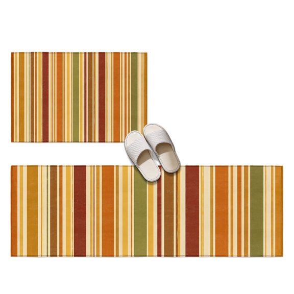 Orange Green Stripes 2 Pieces Non-Slip Kitchen Mat Set, Retro Warm Palette Terracotta Sage Striped Soft Door Mat with Rubber Backing, Dirtproof Rugs for Entrance Doorway, 23.6x35.4in+23.6x70.9in