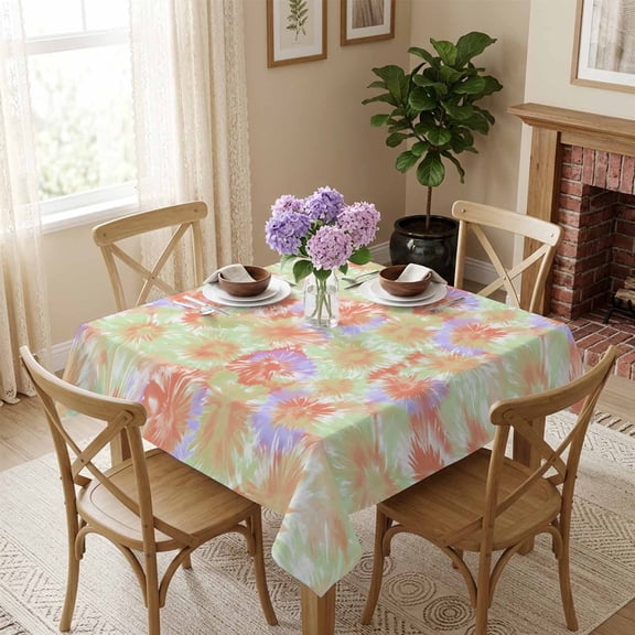 Orange Green Tie Dye Square Tablecloth 54x54 Inch Ombre Boho Abstract Art Waterproof Polyester Tablecloth for Dining Table, Washable Table Cover for Kitchen Dining Room Decoration,Stain Resistant