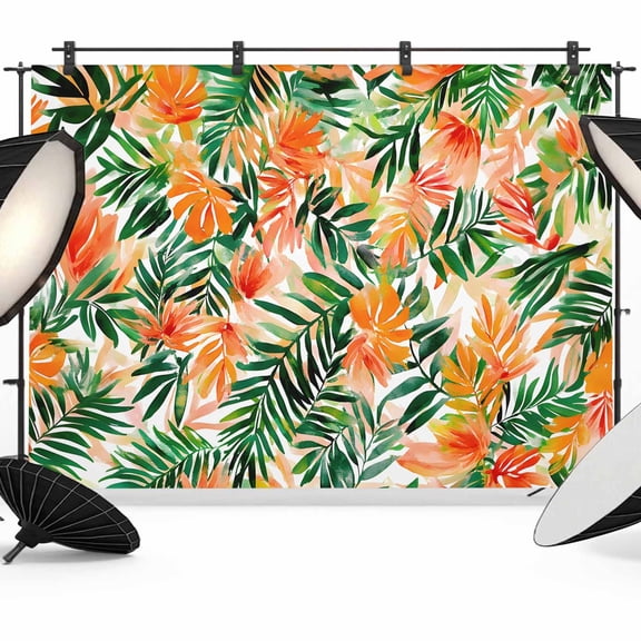 Orange Green Tropical Leaves Backdrop for Photoshoot,Photography Photo Studio Background Wall Backdrop,Summer Palm Floral Back Drop Banner Panel for Portraits Wedding Live Streaming Decor 10x8Ft