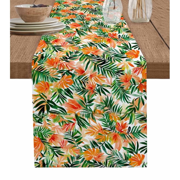 Orange Green Tropical Leaves Burlap Cotton Table Runner 13x48 Inches Long, Summer Palm Floral Farmhouse Table Runners, Outdoor Dining Tablecloths Decor for Baby Shower/Party/Wedding