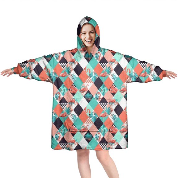 Orange Green White Checkerboard Checkered Pattern Wearable Oversized Blanket,Wearable Blanket Hoodie for Adults,Cozy Hooded Blankets with Super Pockets,Super Warm Fuzzy Pullover for Women & Men